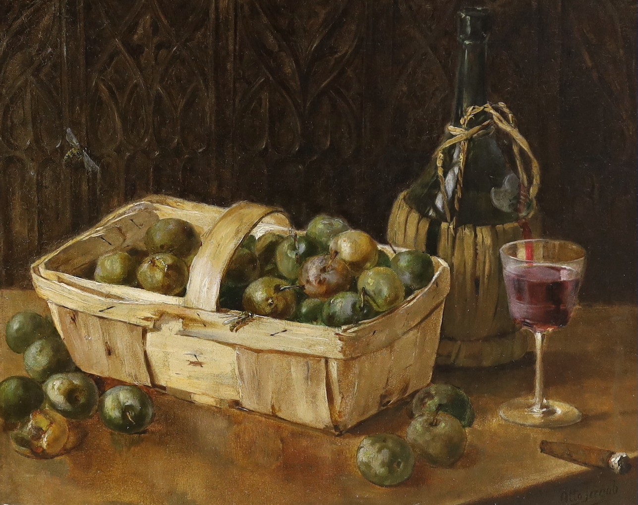 Otto Jacob, oil on canvas, Still life of greengages in a basket, a glass of wine and cigar, signed, 40 x 50cm